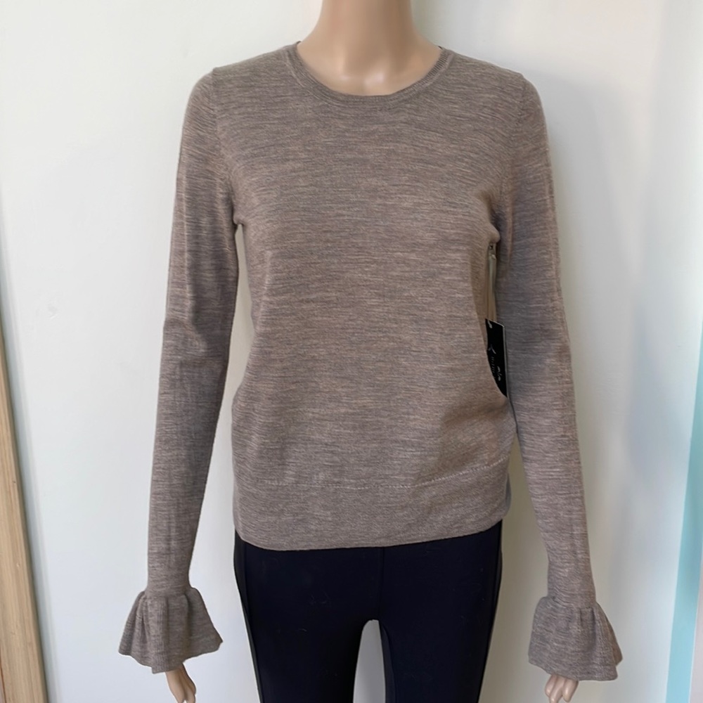 Nanette Lepore merino wool top taupe ruffle sleeve cuff crewneck